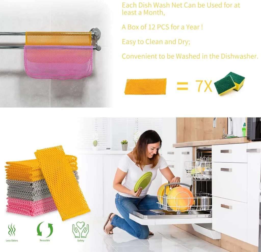 12Pcs Dish Wash Net,Innovative Mesh Cloth,Ultra Durable Non-Scratch Dish Rags for Washing Dishes,100% Odor Free/Quick Dry,Perfect Scrubber,Dish Sponges for Washing Dishes Yellow/Pink/Gray