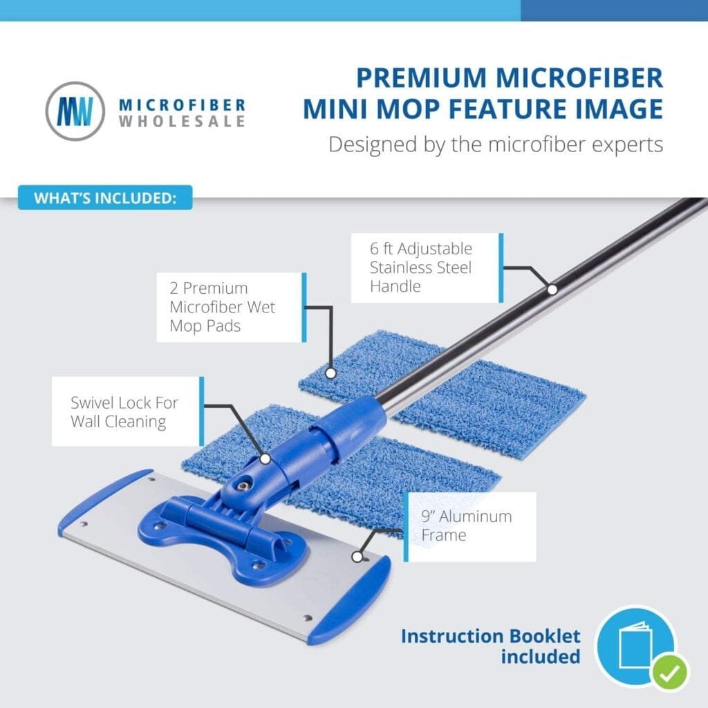 9 Flexible Mini Microfiber Mop System | Adjustable Stainless Steel Handle | 2 Reusable Microfiber Mop Pads | Machine Washable | Wet Mop for Hardwood, Laminate, Concrete, Tile, Stone, Vinyl Floors