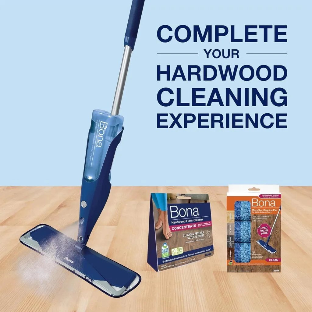 Bona Hardwood Floor Premium Spray Mop - Includes Hardwood Floor Cleaning Solution and Machine Washable Microfiber Cleaning Pad - Dual Zone Cleaning for Faster Cleanup - Spray Mop for Wood Floors