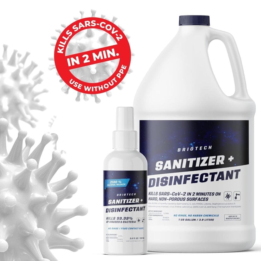 BRIOTECH Sanitizer + Disinfectant, Kills 99.99% of Viruses  Bacteria, HOCl Hypochlorous Spray, 0% Bleach, 0% Alcohol, Food Contact Safe, Eliminate Non-Living Allergens  Remove Pet Odor BRIOTECH Sanitizer + Disinfectant, Kills 99.99% of Viruses  Bacteria, HOCl Hypochlorous Spray, 0% Bleach, 0% Alcohol, Food Contact Safe, Eliminate Non-Living Allergens  Remove Pet Odor