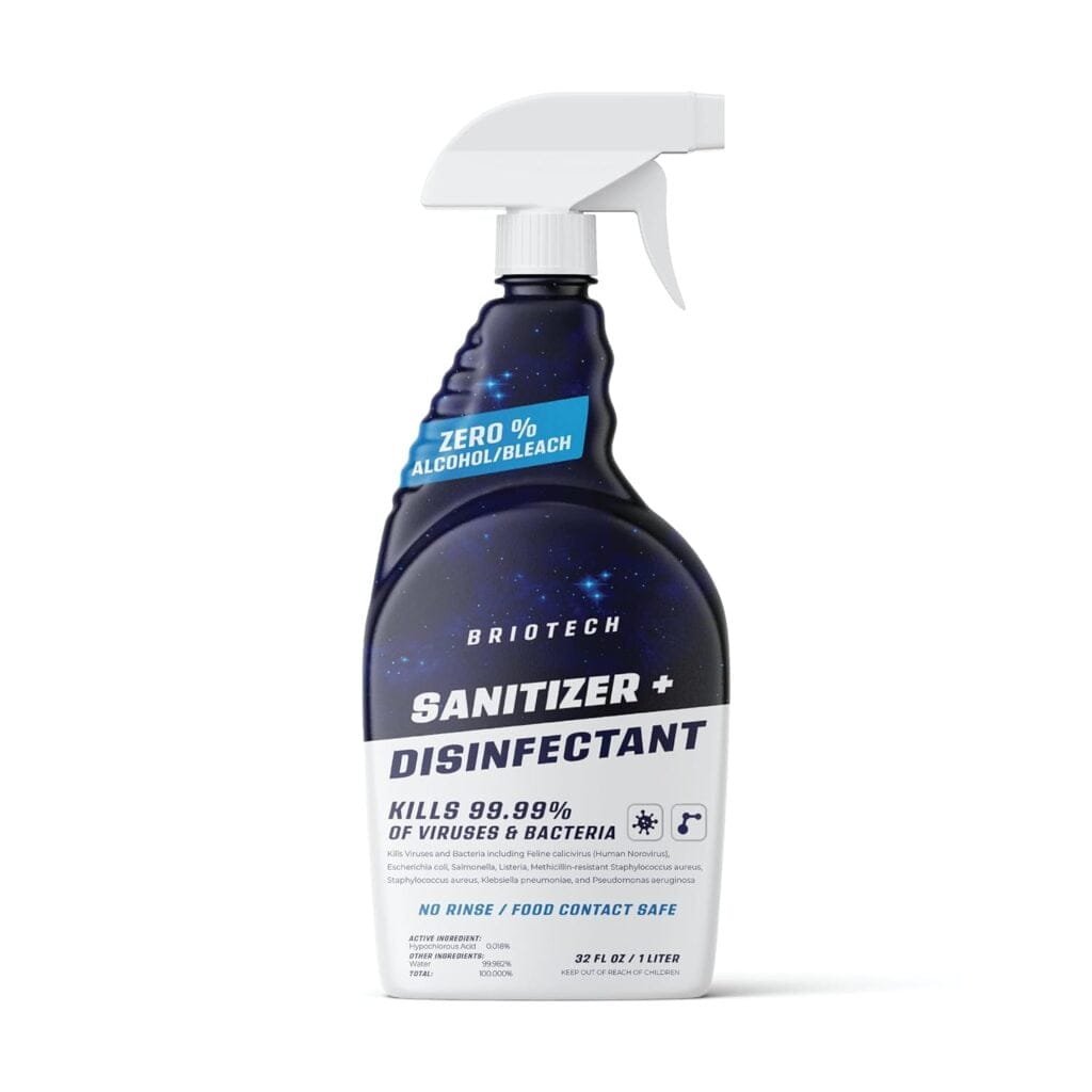 BRIOTECH Sanitizer + Disinfectant, Kills 99.99% of Viruses  Bacteria, HOCl Hypochlorous Spray, 0% Bleach, 0% Alcohol, Food Contact Safe, Eliminate Non-Living Allergens  Remove Pet Odor BRIOTECH Sanitizer + Disinfectant, Kills 99.99% of Viruses  Bacteria, HOCl Hypochlorous Spray, 0% Bleach, 0% Alcohol, Food Contact Safe, Eliminate Non-Living Allergens  Remove Pet Odor