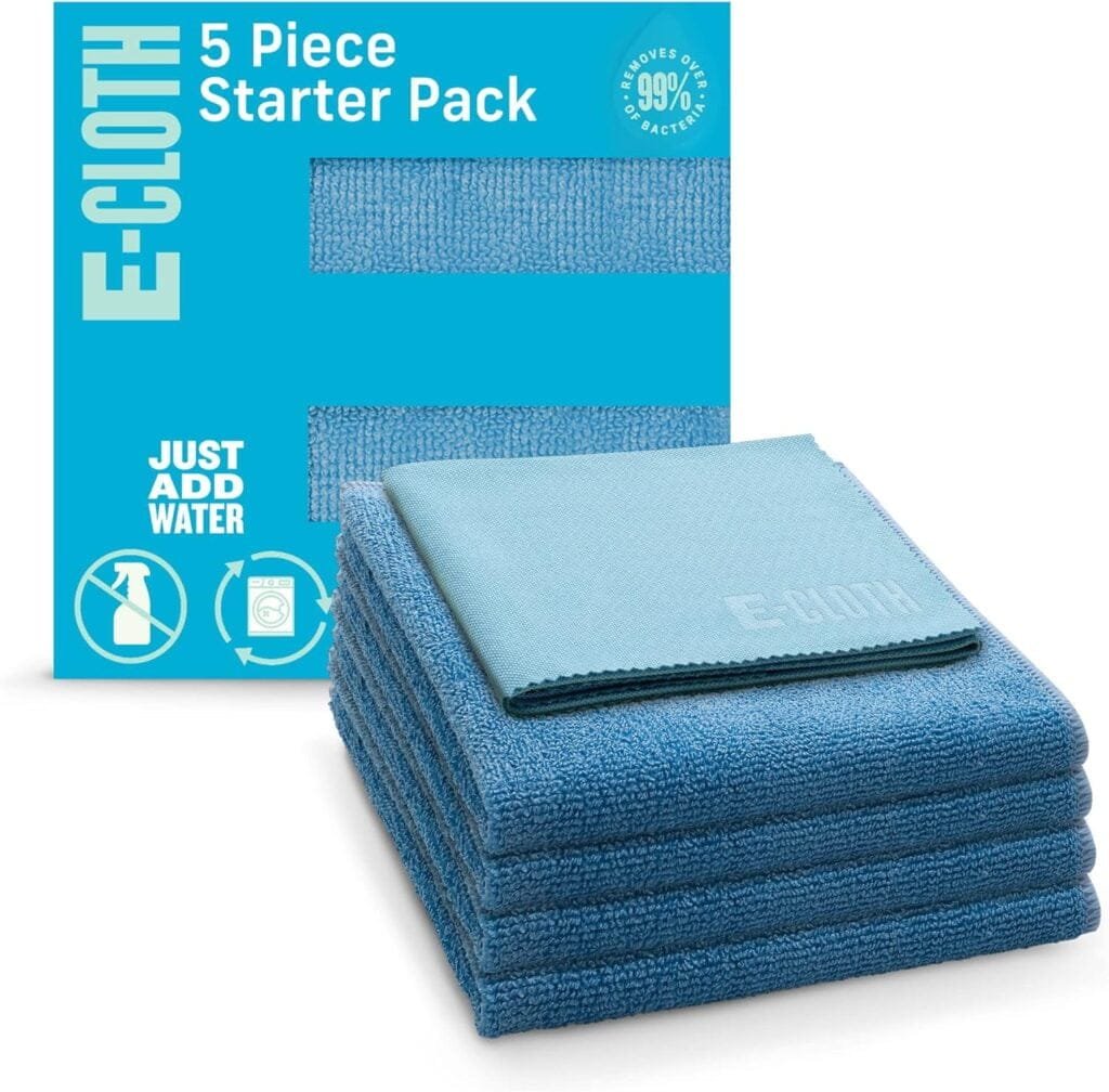 E-Cloth 5-pc Starter Pack, Microfiber Cleaning Cloth Set, Includes Household Cleaning Tools for Bathroom, Kitchen, and Cars, Washable and Reusable, 100 Wash Promise, Blue E-Cloth 5-pc Starter Pack, Microfiber Cleaning Cloth Set, Includes Household Cleaning Tools for Bathroom, Kitchen, and Cars, Washable and Reusable, 100 Wash Promise, Blue