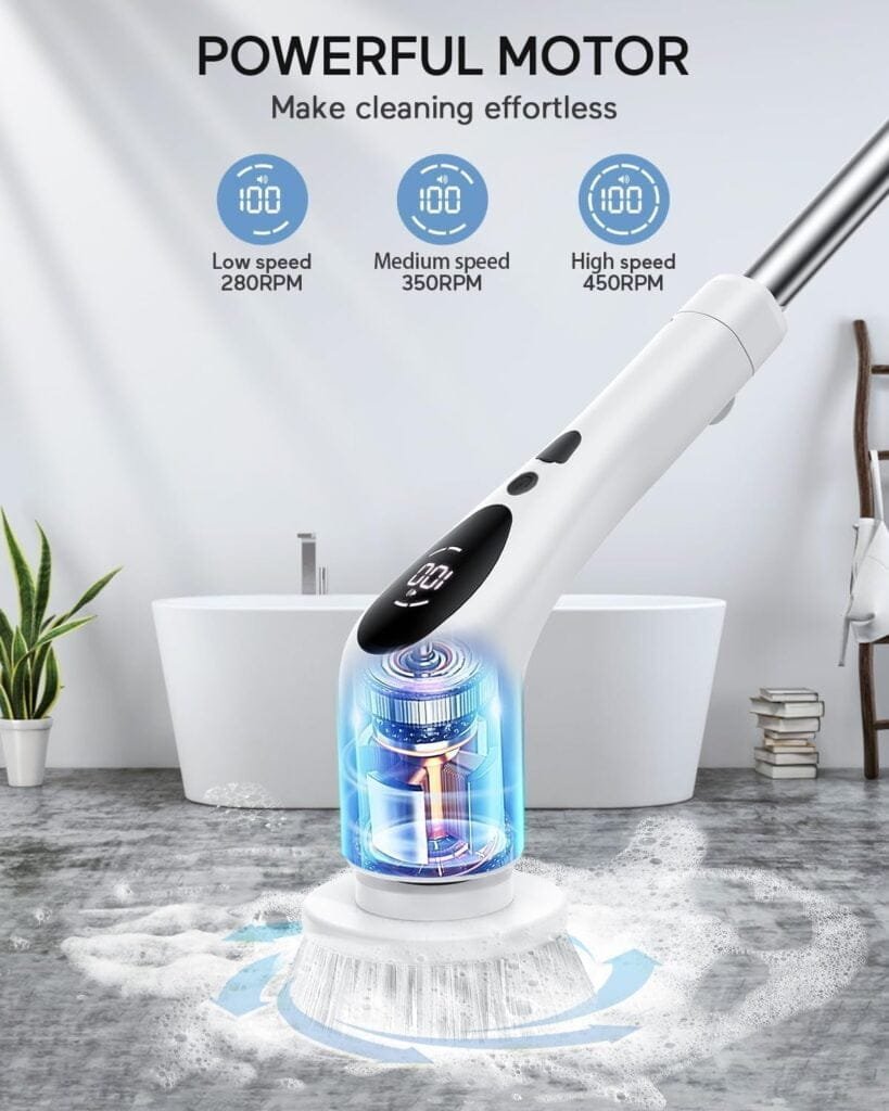 Electric Spin Scrubber,Cordless Shower Scrubber,Power Scrub Brush with 9 Replaceable Brush Head,Portable Cleaning Brush for Bathroom/Floor/Tile,3 Adjustable Extension Long Handle,3 Rotating Speeds