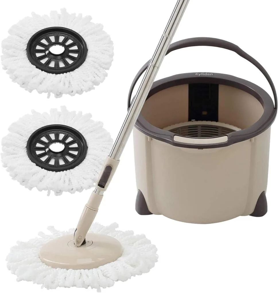 Eyliden Microfiber Mop Buckets System, 360 Spin Rapid Dehydration Dust Mop Buckets with 2 Mop Pads, Adjustable Handle, Dry and Wet Mops, Commercial  Home Mop and Bucket for Floor Cleaning Brown