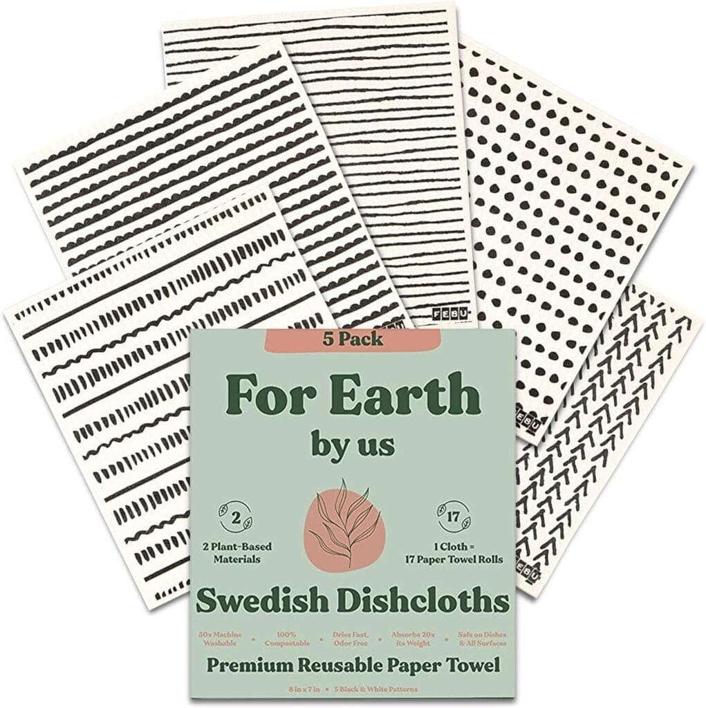 FEBU Swedish Dishcloths for Kitchen | 5 Pack Black Minimalist Swedish Dish Towels | Reusable Paper Towels Washable | Non-Scratch Cellulose Sponge Cloths | No Odor, Biodegradable, Swedish Cloths
