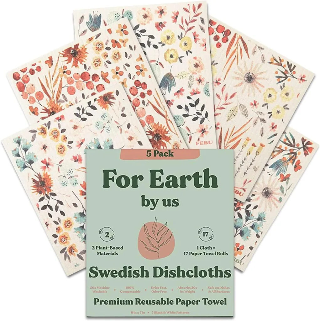 FEBU Swedish Dishcloths for Kitchen | 5 Pack Watercolor Dish Towels | Reusable Paper Towels Washable | Non-Scratch Cellulose Sponge Cloths | No Odor, Biodegradable, Swedish Cloths
