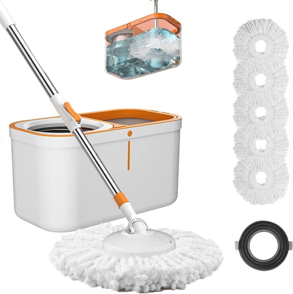 Floor Spin Mop and Bucket Set with Wringer System Extended Stainless Steel Handle 61"for Home Floor Cleaning Use with 5 Replacement Head Refill and 1 Cleaning Brush Head Floor Spin Mop and Bucket Set with Wringer System Extended Stainless Steel Handle 61"for Home Floor Cleaning Use with 5 Replacement Head Refill and 1 Cleaning Brush Head