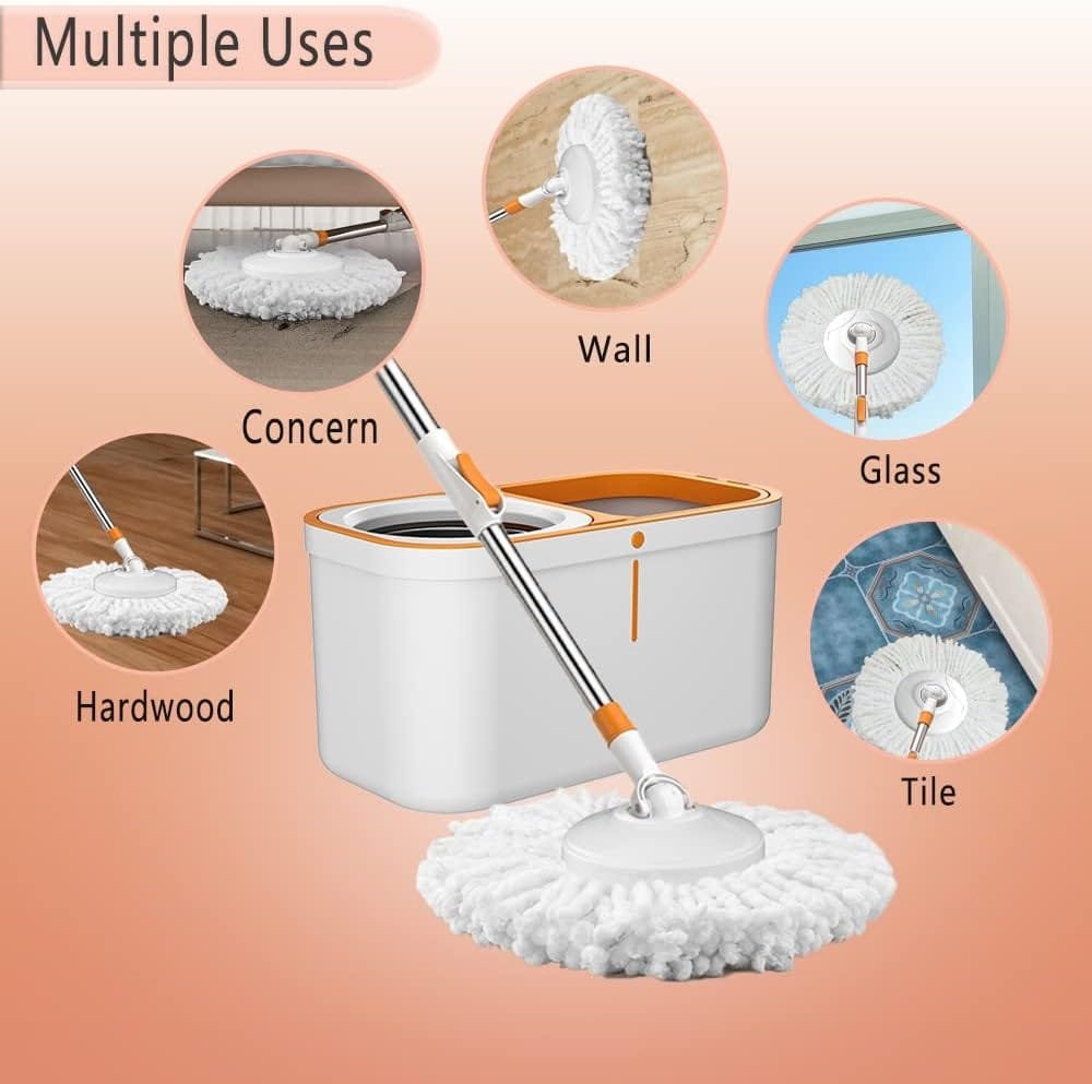 Floor Spin Mop and Bucket Set with Wringer System Extended Stainless Steel Handle 61"for Home Floor Cleaning Use with 5 Replacement Head Refill and 1 Cleaning Brush Head Floor Spin Mop and Bucket Set with Wringer System Extended Stainless Steel Handle 61"for Home Floor Cleaning Use with 5 Replacement Head Refill and 1 Cleaning Brush Head