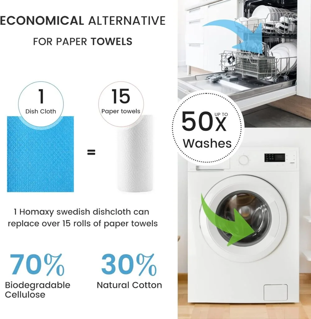Homaxy Swedish Dishcloths for Kitchen, 10 Pack Reusable and Eco-Friendly Cellulose Sponge Cloths Dish Towels, Absorbent and No Odor Paper Towels for Dishes ＆ Counters, Assorted