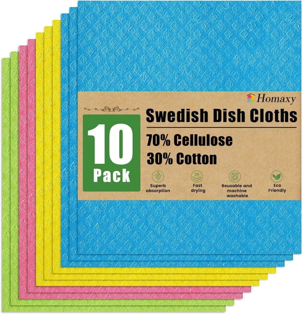 Homaxy Swedish Dishcloths for Kitchen, 10 Pack Reusable and Eco-Friendly Cellulose Sponge Cloths Dish Towels, Absorbent and No Odor Paper Towels for Dishes ＆ Counters, Assorted