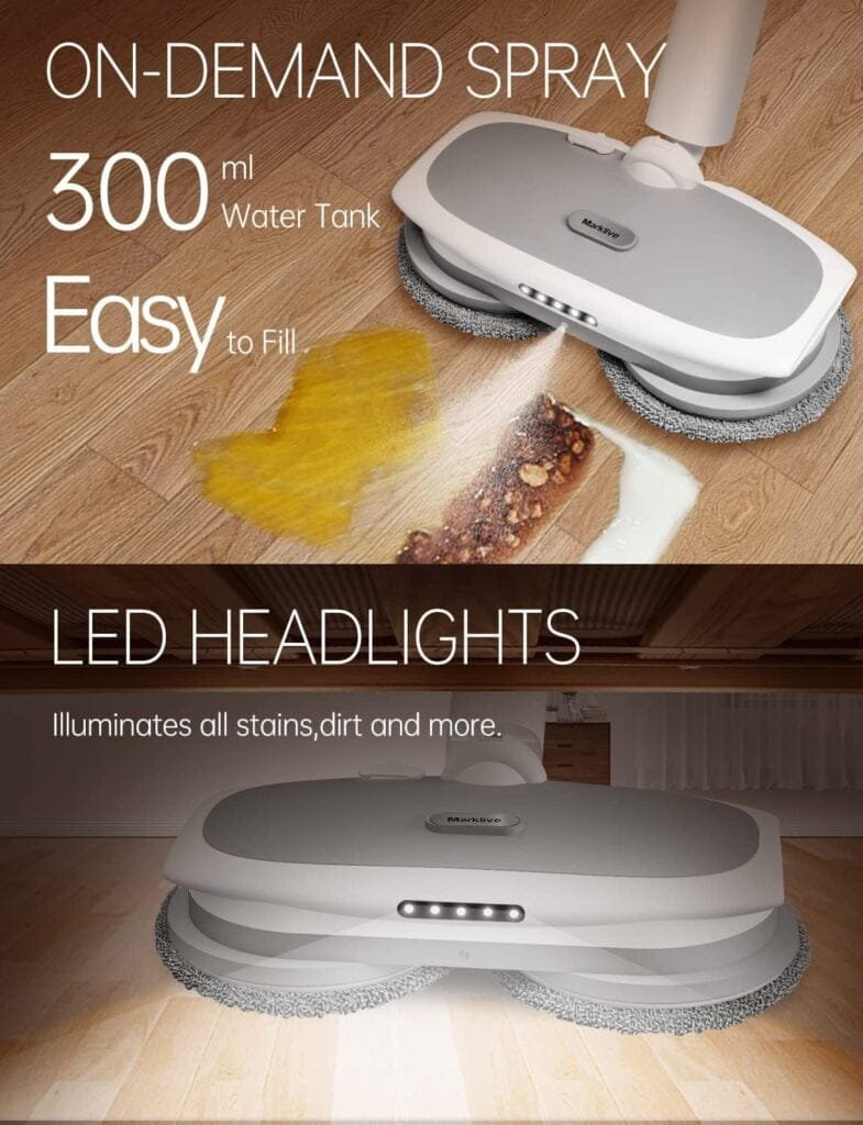 MARK LIVE Cordless Electric Mop, LED Headlight and Water Sprayer with 300ml Tank, Up to 60 Mins of Powerful Spin, Polisher for Hardwood, Tile and Laminate Floors, 1 Floor Cleaenr  6 Mop Pads MARK LIVE Cordless Electric Mop, LED Headlight and Water Sprayer with 300ml Tank, Up to 60 Mins of Powerful Spin, Polisher for Hardwood, Tile and Laminate Floors, 1 Floor Cleaenr  6 Mop Pads