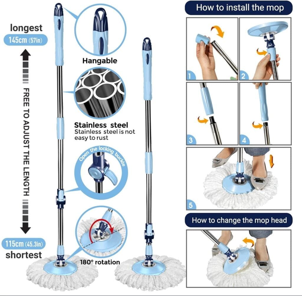 MASTERTOP Spin Mop and Bucket with Wringer Set, Floor Cleaning System with Foot Pedal, Easy Wring, Adjustable Handle, 5 Microfiber Mop Refills, 5 Cleaning Clothes, Hardwood Laminate Tiles MASTERTOP Spin Mop and Bucket with Wringer Set, Floor Cleaning System with Foot Pedal, Easy Wring, Adjustable Handle, 5 Microfiber Mop Refills, 5 Cleaning Clothes, Hardwood Laminate Tiles