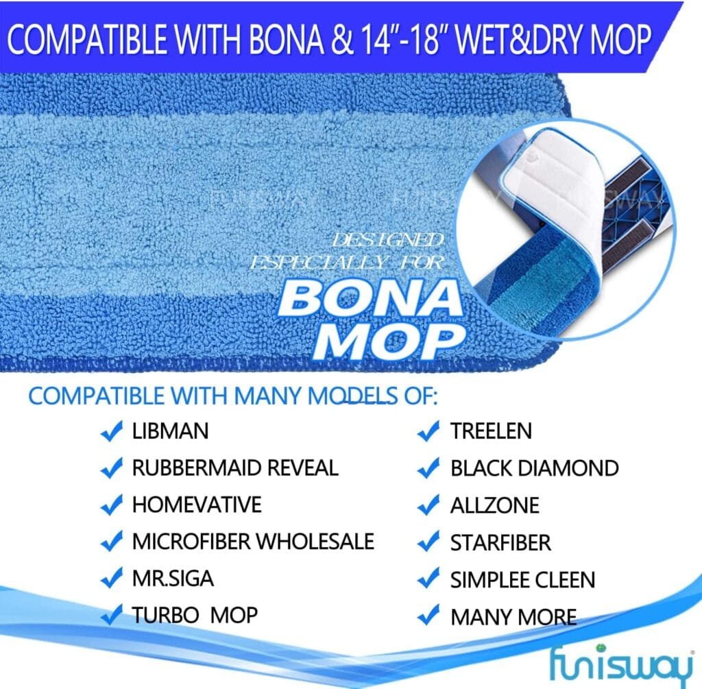Microfiber Cleaning Pads for Hardwood Floor,Hard-Surface Floors,fits Bona Mop,Rubbermaid Mop,Turbo Mop and Norwex Mop (Light BlueBlue, 18 * 5 Inch 4 Count)