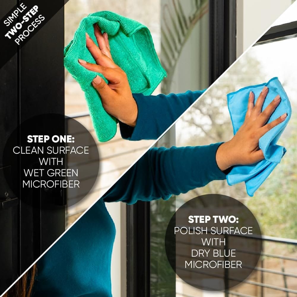 Microfiber Glass Cleaning Cloths | Streak Free Windows  Mirrors | Lint Free Towels | Car Windows Wipes | Polishing Rags | Machine Wash- Blue, Green (8 Pack)