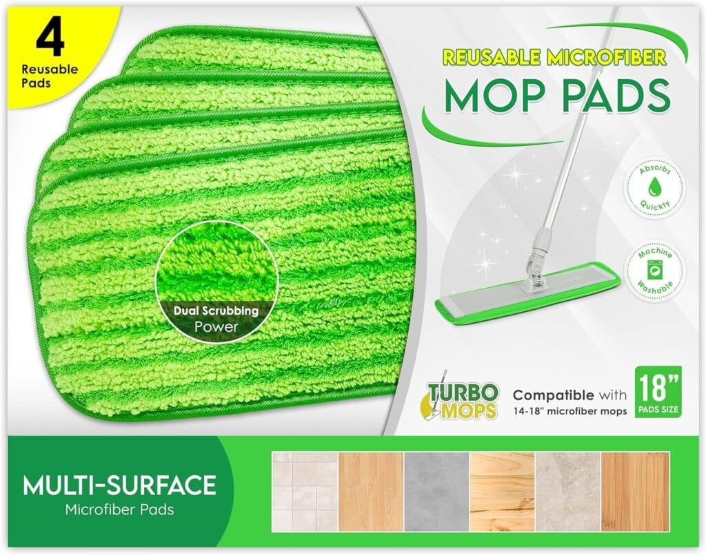 Microfiber Mop Pads 4 Pack - Reusable Washable Cloth Mop Head Replacements Best Thick Spray Wet Dust Dry Flat Velcro Attachment 18 Inch - Cleaning Refill Fits Bona, Bruce, Rubbermaid, Libman + More