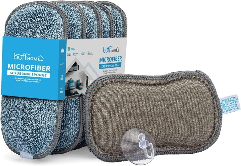 Microfiber Sponge for Kitchen (6 Pack) - Suction Cup Hook Included, Reusable, Washable Dish Sponges with Scrubber, Refills, Scrubbing Side, Non-Scratching, Multi-Purpose, Scouring Microfiber Sponge for Kitchen (6 Pack) - Suction Cup Hook Included, Reusable, Washable Dish Sponges with Scrubber, Refills, Scrubbing Side, Non-Scratching, Multi-Purpose, Scouring