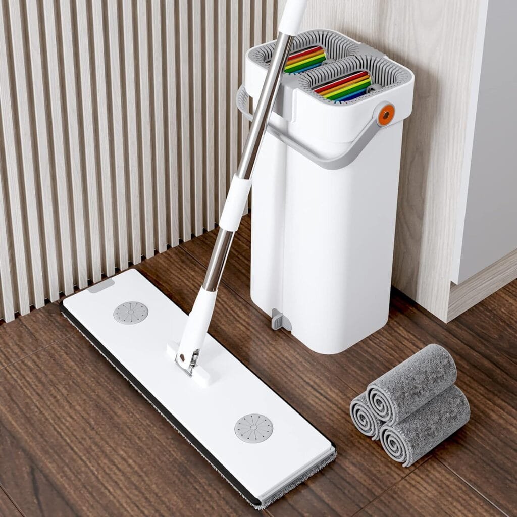 MOPALL Mop and Bucket with Wringer Set,Large Flat Floor Mop and Bucket,with 4 Washable Microfiber Mop Pads,Wet and Dry Use,Multifunction Household Cleaning Tools for All Floor Types and Windows
