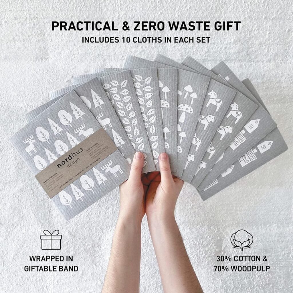 Nordhus Design Swedish Dishcloths,10 Grey Cloths, Made in Sweden - Reusable, Washable Cellulose Cotton Kitchen Cloths - Replace Paper Towels, Wipes, Sponges, Dish Rags