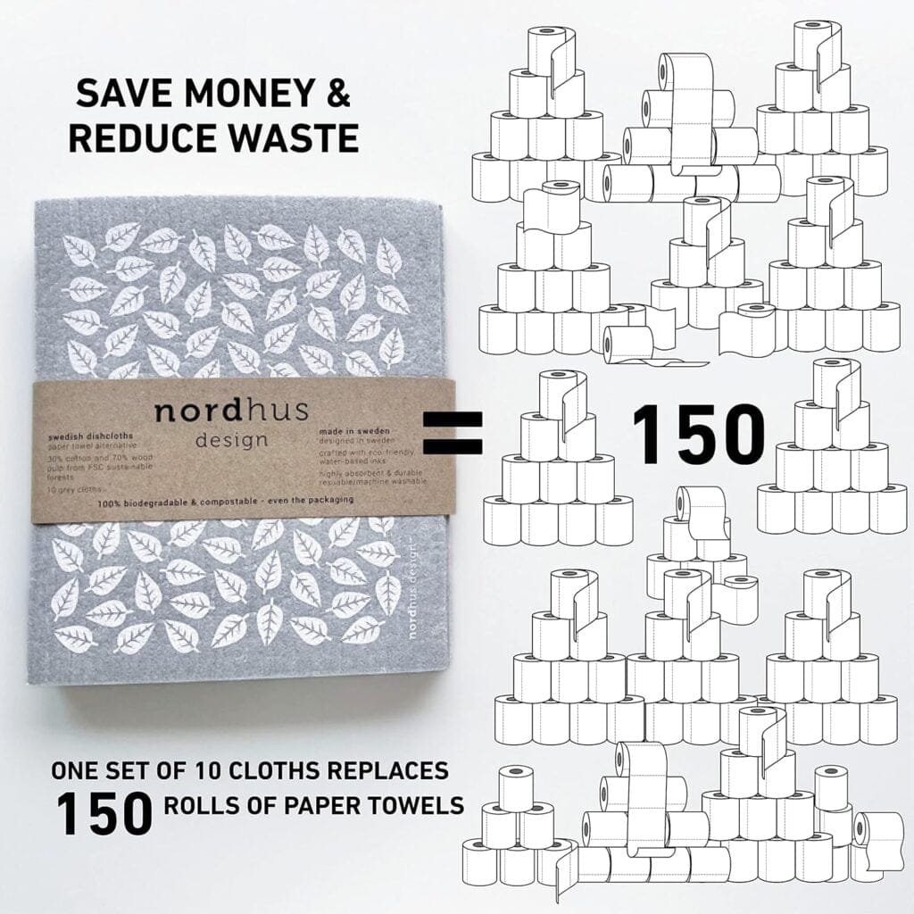Nordhus Design Swedish Dishcloths,10 Grey Cloths, Made in Sweden - Reusable, Washable Cellulose Cotton Kitchen Cloths - Replace Paper Towels, Wipes, Sponges, Dish Rags