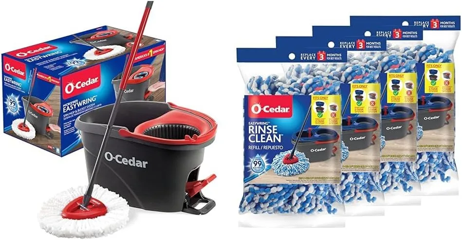 O-Cedar EasyWring Microfiber Spin Mop, Bucket Floor Cleaning System, Red, Gray  EasyWring RinseClean Refill 4-Pack, Blue, 4 Count
