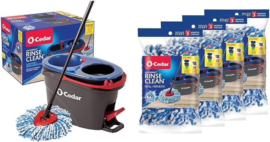 O-Cedar EasyWring RinseClean Microfiber Spin Mop  Bucket Floor Cleaning System, Grey  EasyWring RinseClean Refill 4-Pack, Blue, 4 Count O-Cedar EasyWring RinseClean Microfiber Spin Mop  Bucket Floor Cleaning System, Grey  EasyWring RinseClean Refill 4-Pack, Blue, 4 Count