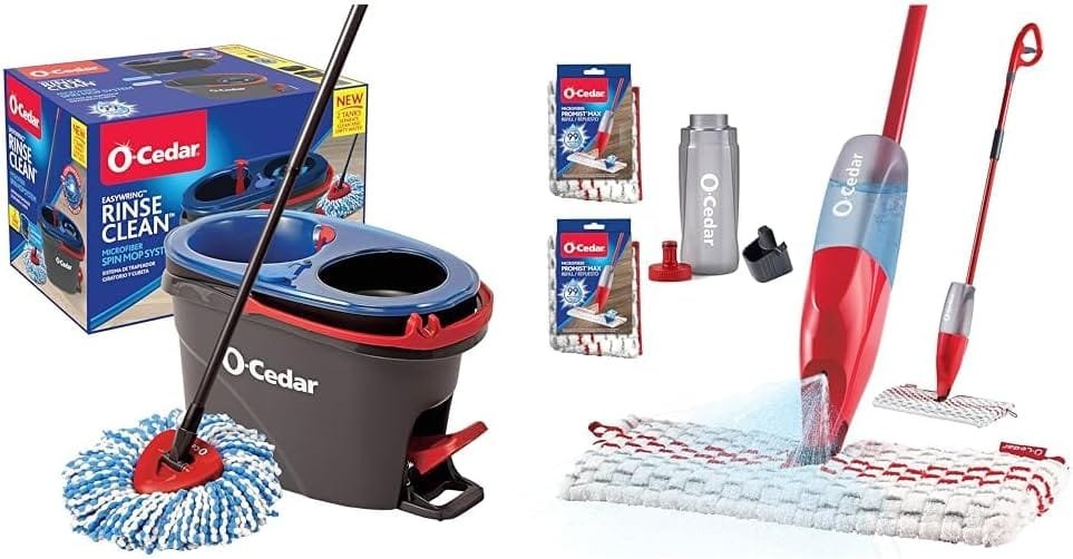 O-Cedar EasyWring RinseClean Microfiber Spin Mop  Bucket Floor Cleaning System, Grey  ProMist MAX Spray Mop, PMM with 2 Extra Refills, Red