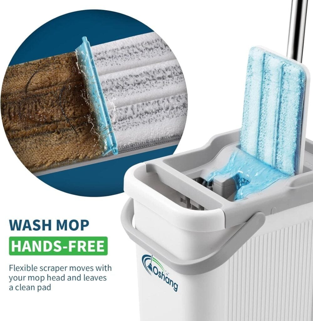 oshang Mop and Bucket Set for Home Floor Cleaning, Hands Free Flat Mop, Stainless-Steel Handle, 4 Washable  Reusable Microfiber Pads oshang Mop and Bucket Set for Home Floor Cleaning, Hands Free Flat Mop, Stainless-Steel Handle, 4 Washable  Reusable Microfiber Pads