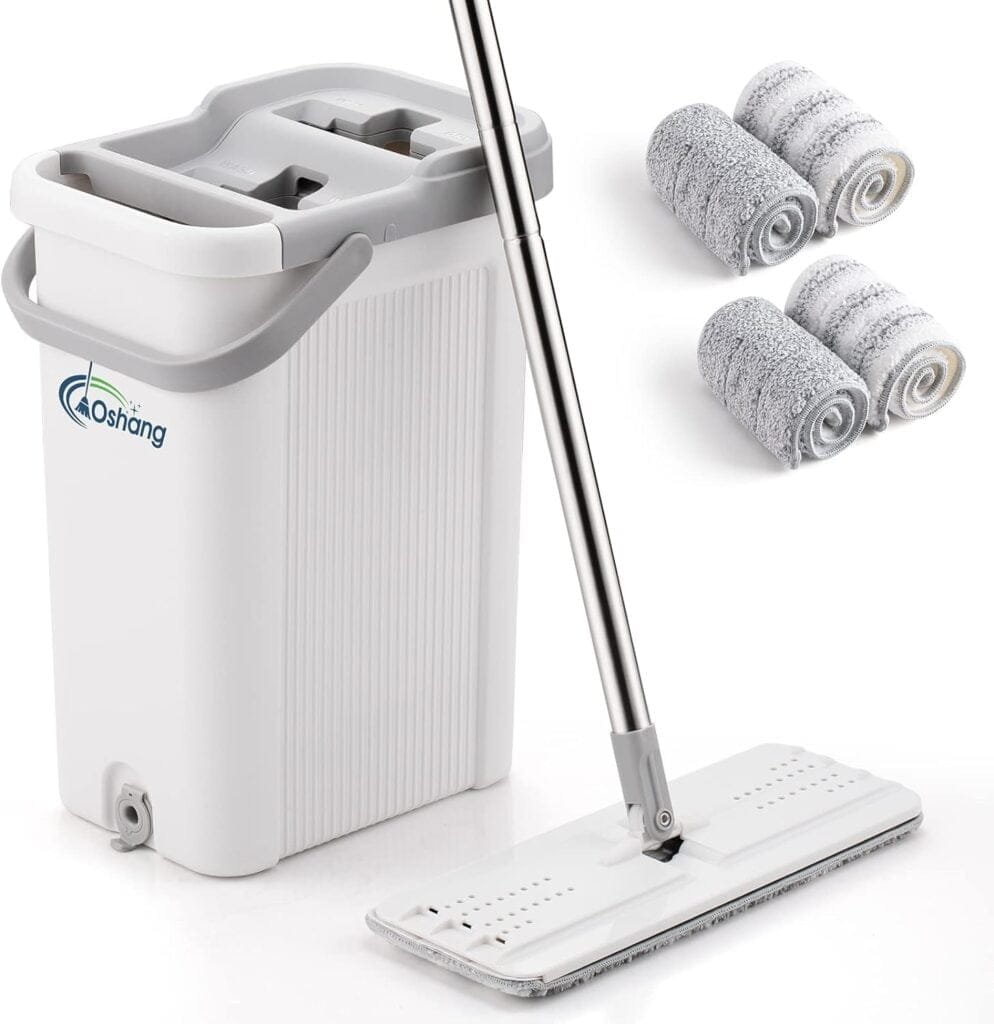 oshang Mop and Bucket Set for Home Floor Cleaning, Hands Free Flat Mop, Stainless-Steel Handle, 4 Washable  Reusable Microfiber Pads oshang Mop and Bucket Set for Home Floor Cleaning, Hands Free Flat Mop, Stainless-Steel Handle, 4 Washable  Reusable Microfiber Pads