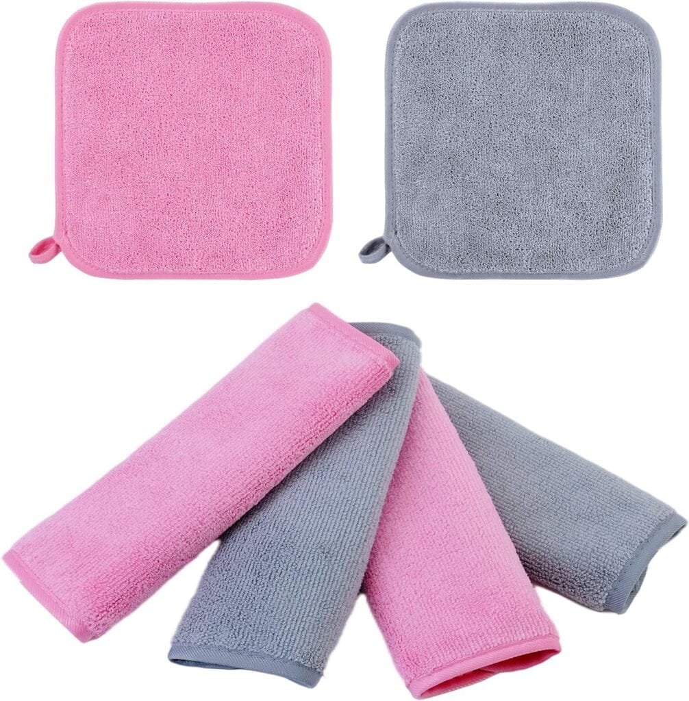 ProHomTex Makeup Removal Facial Cleaning Cloth, Set of 6 (8 x 8) Hypoallergenic for All Skin Types, Reusable  Ultra Soft, Grey  Pink