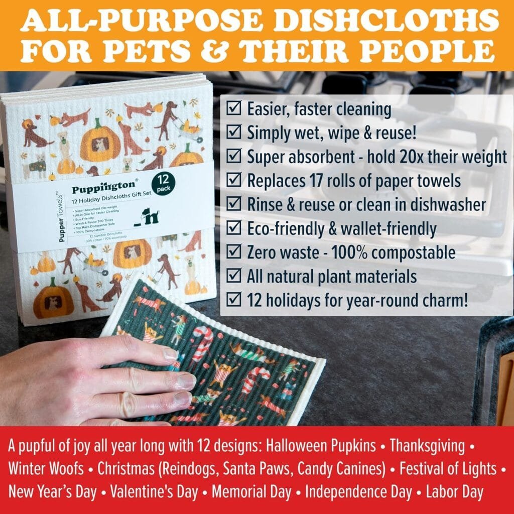Puppington Pupper Towels 12 Pack Swedish Dishcloths for Kitchen - Dog Dish Towels - Swedish Dish Cloths for Kitchen - Dog Mom Gifts for Women - Eco Friendly (12 Breeds) Puppington Pupper Towels 12 Pack Swedish Dishcloths for Kitchen - Dog Dish Towels - Swedish Dish Cloths for Kitchen - Dog Mom Gifts for Women - Eco Friendly (12 Breeds)
