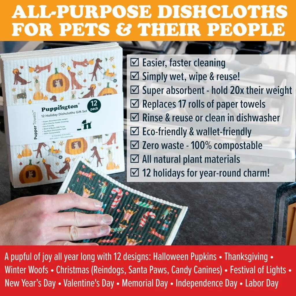 Puppington Pupper Towels 12 Pack Swedish Dishcloths for Kitchen - Dog Dish Towels - Swedish Dish Cloths for Kitchen - Dog Mom Gifts for Women - Eco Friendly (12 Breeds)