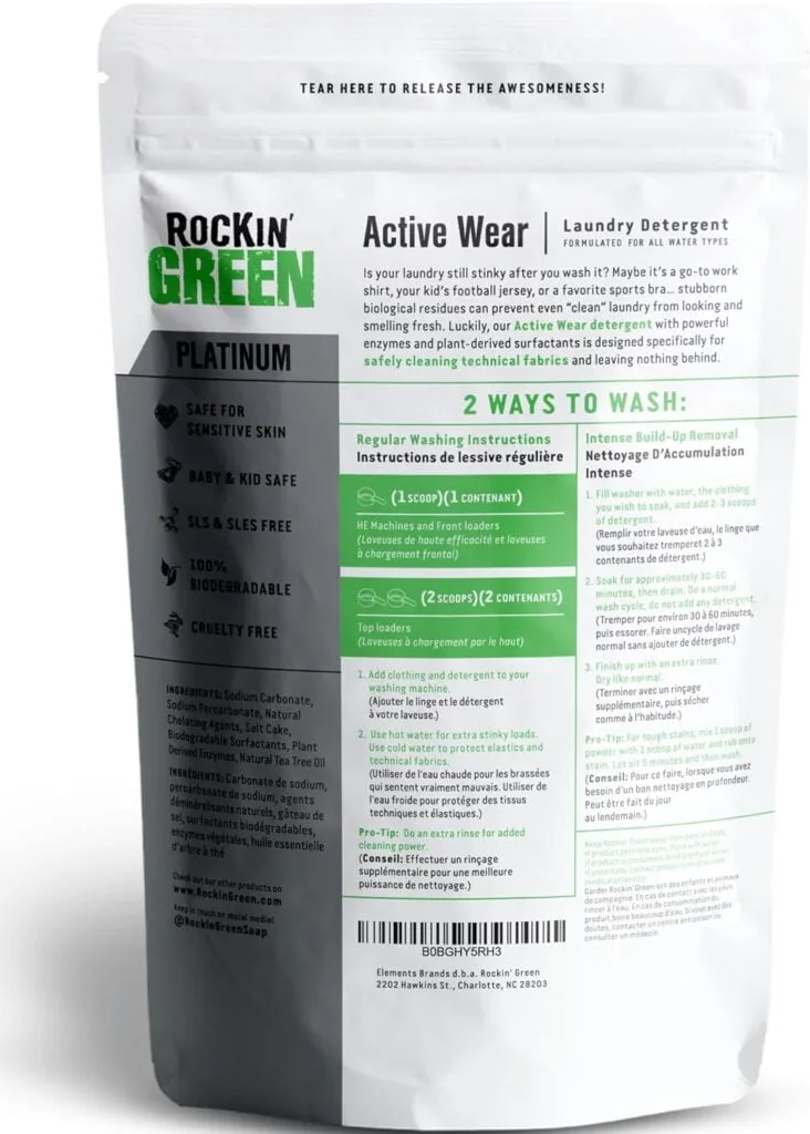 Rockin Green Laundry Detergent, Plant based, All Natural Laundry Detergent Powder, Vegan and Biodegradable Odor Fighter, Safe for Sensitive Skin (Active Wear 90 Loads - Unscented)
