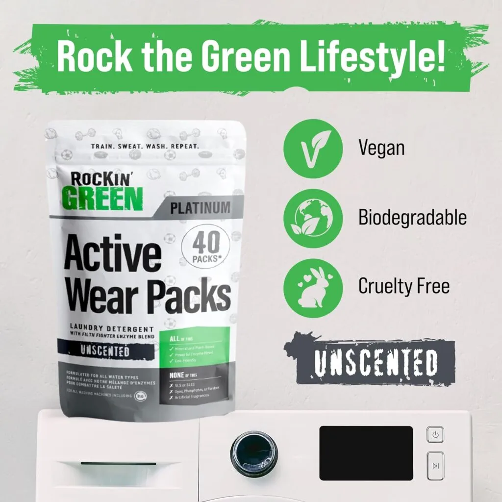 Rockin Green Laundry Detergent, Plant based, All Natural Laundry Detergent Powder, Vegan and Biodegradable Odor Fighter, Safe for Sensitive Skin (Active Wear 90 Loads - Unscented)