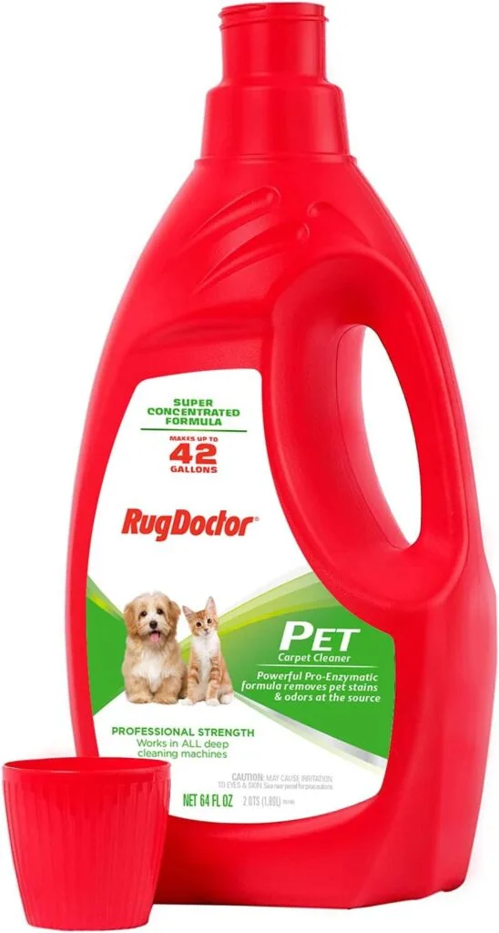 Rug Doctor Pet Carpet Cleaner Formula for Stains  Odors, 64 oz., Professional Grade Pro-Enzymatic Cleaning Solution, Blue Wave Scent, Compatible With All Deep Carpet Cleaning Machines Red