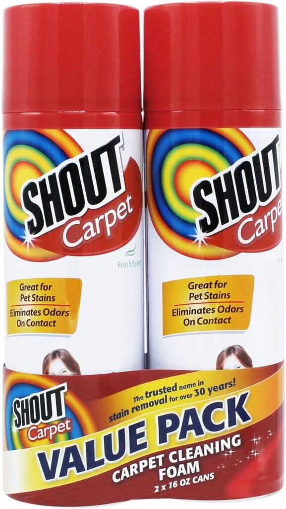 Shout Carpet Aerosol Stain and Odor Remover Foaming Spray with OXY Power | Completely Removes Tough Urine Stains  Prevents Remarking | Great for Large Areas, Fresh Scent, Value Pack of 2