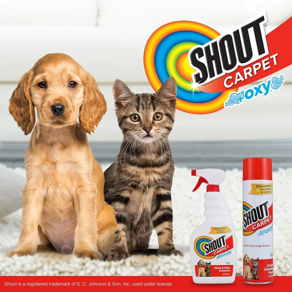 Shout Carpet Aerosol Stain and Odor Remover Foaming Spray with OXY Power | Completely Removes Tough Urine Stains  Prevents Remarking | Great for Large Areas, Fresh Scent, Value Pack of 2