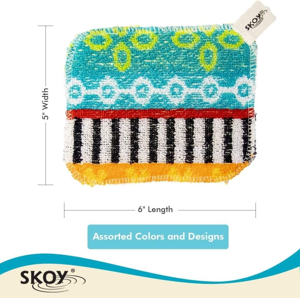 Skoy Scrub, 4-Pack, Non-Scratching, Reusable Scrub for Kitchen and Household Use, Environmentally-Friendly, Dishwasher Safe - Assorted Colors and Designs Skoy Scrub, 4-Pack, Non-Scratching, Reusable Scrub for Kitchen and Household Use, Environmentally-Friendly, Dishwasher Safe - Assorted Colors and Designs