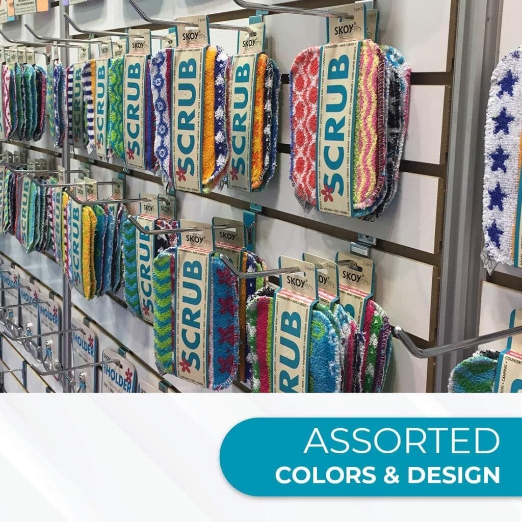 Skoy Scrub, 4-Pack, Non-Scratching, Reusable Scrub for Kitchen and Household Use, Environmentally-Friendly, Dishwasher Safe - Assorted Colors and Designs Skoy Scrub, 4-Pack, Non-Scratching, Reusable Scrub for Kitchen and Household Use, Environmentally-Friendly, Dishwasher Safe - Assorted Colors and Designs