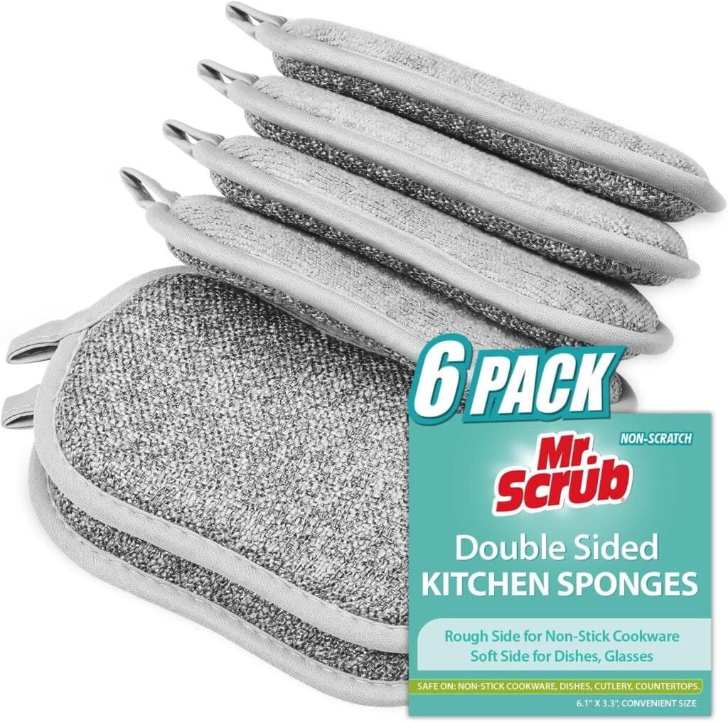 Sponges Kitchen Dish Sponge for Washing Dishes Cleaning Kitchen, All-Purpose, 6 Pack, Non Scratch, Rough Scrubbers Side for Non-Stick Cookware, Soft Microfiber Scrub Side for Dishes, Mr. Scrub