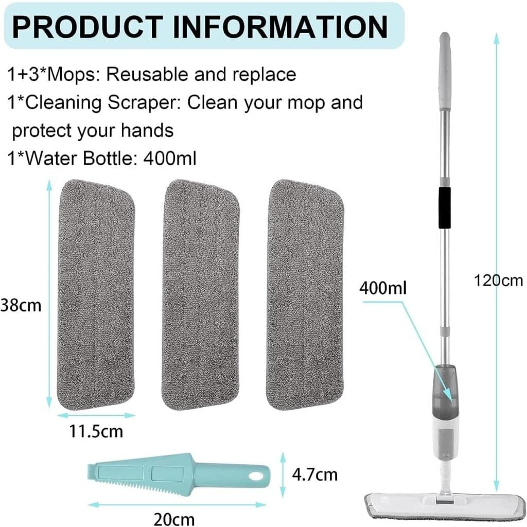 Spray Mop for Floor Cleaning Flat Including 4 Washable Pads Refillable Bottle and 1 Scraper Spray Mop for Floor Cleaning Flat Including 4 Washable Pads Refillable Bottle and 1 Scraper