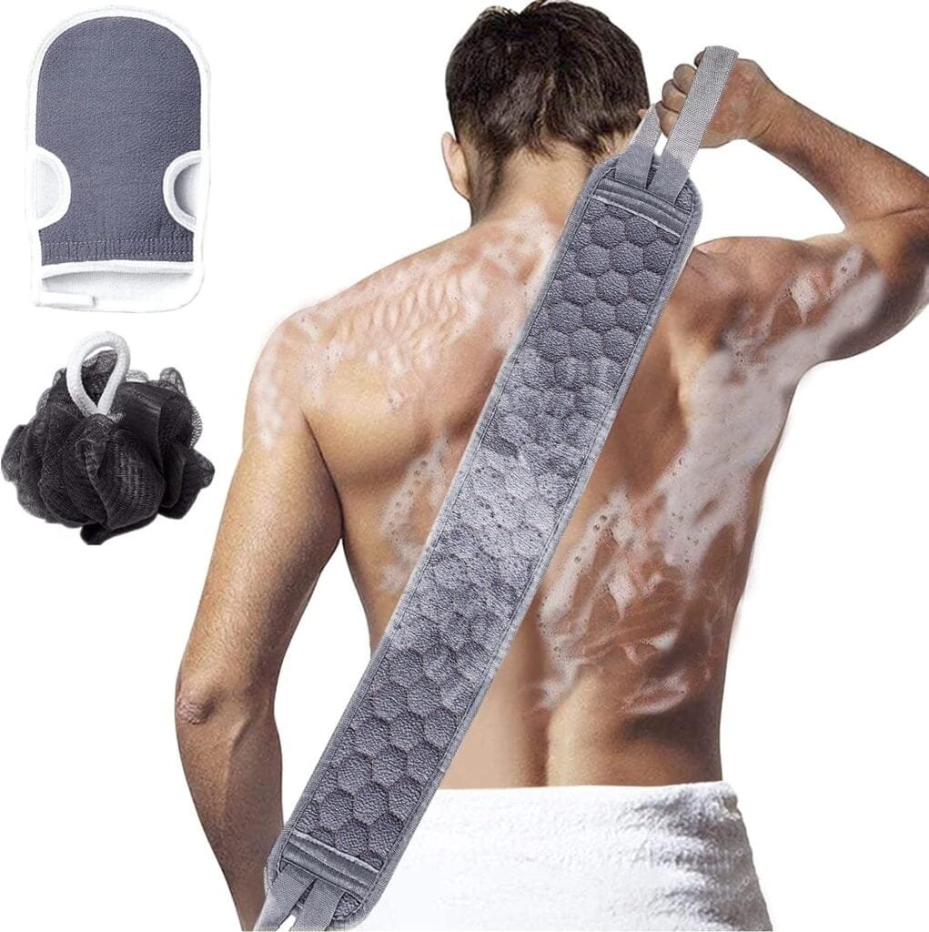 SR PLKOP Exfoliating Body Scrubber Set - Includes Back Scrubber, Bath Glove and Shower Bath Sponge Loofah - for Women and Men Shower - Deep Clean and Vitalize Your Skin - 3-Pack(36.5*3.7 Inch, Grey)