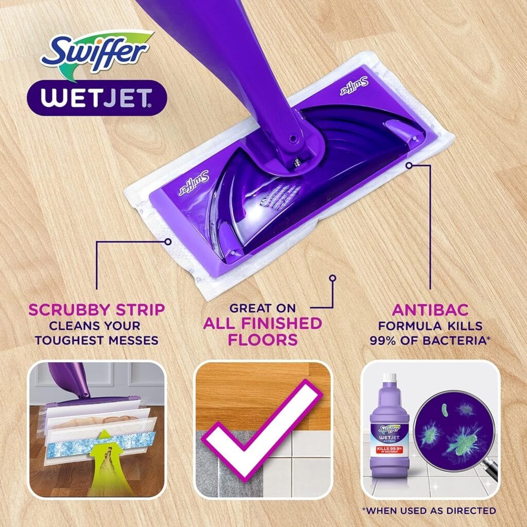 Swiffer WetJet Hardwood and Floor Spray Mop Cleaner Starter Kit, Includes: 1 Power Mop, 10 Pads, Cleaning Solution, Batteries Swiffer WetJet Hardwood and Floor Spray Mop Cleaner Starter Kit, Includes: 1 Power Mop, 10 Pads, Cleaning Solution, Batteries