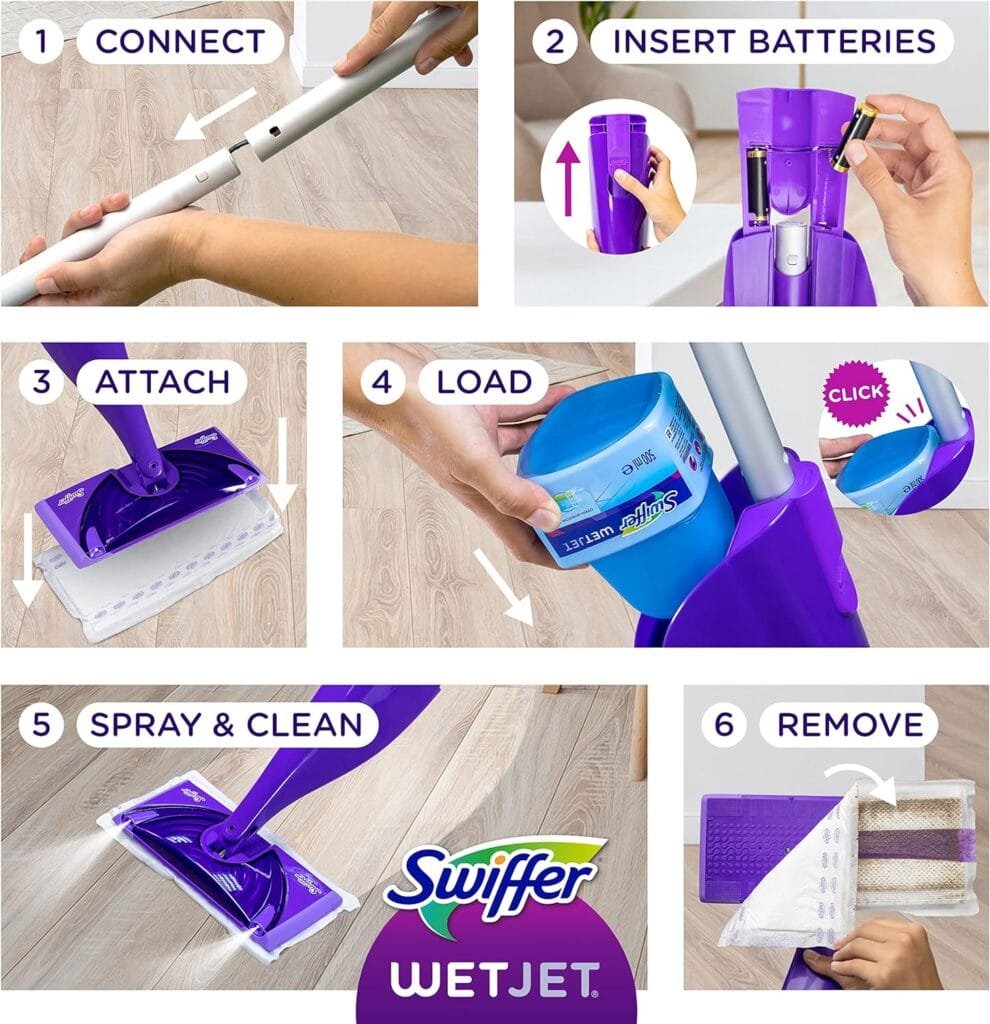 Swiffer WetJet Hardwood and Floor Spray Mop Cleaner Starter Kit, Includes: 1 Power Mop, 10 Pads, Cleaning Solution, Batteries Swiffer WetJet Hardwood and Floor Spray Mop Cleaner Starter Kit, Includes: 1 Power Mop, 10 Pads, Cleaning Solution, Batteries