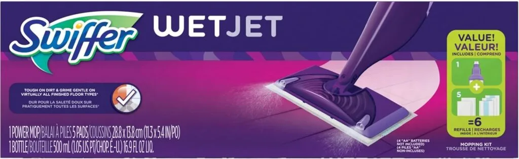 Swiffer WetJet Mop Starter Kit (1 Spray Mop, 5 Mopping Pads, 1 Floor Cleaner Liquid Solution),Purple