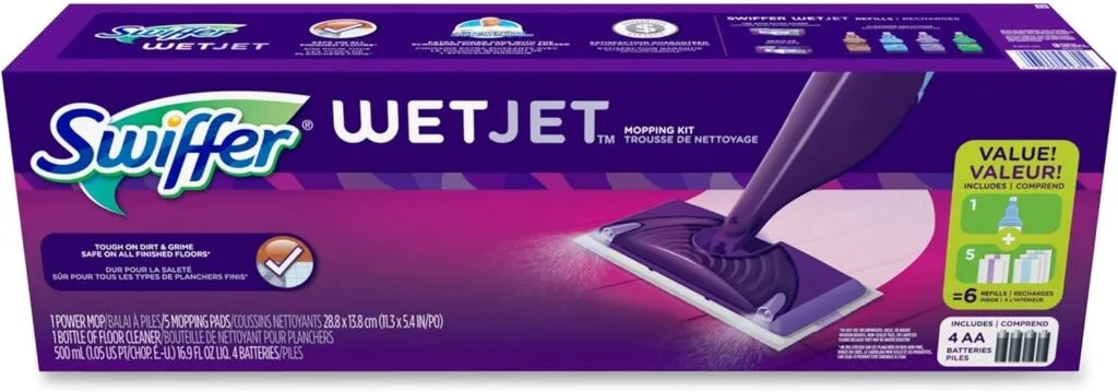 Swiffer WetJet Mop Starter Kit (1 Spray Mop, 5 Mopping Pads, 1 Floor Cleaner Liquid Solution),Purple