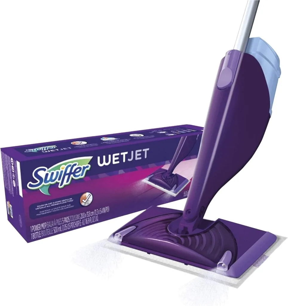 Swiffer WetJet Mop Starter Kit (1 Spray Mop, 5 Mopping Pads, 1 Floor Cleaner Liquid Solution),Purple