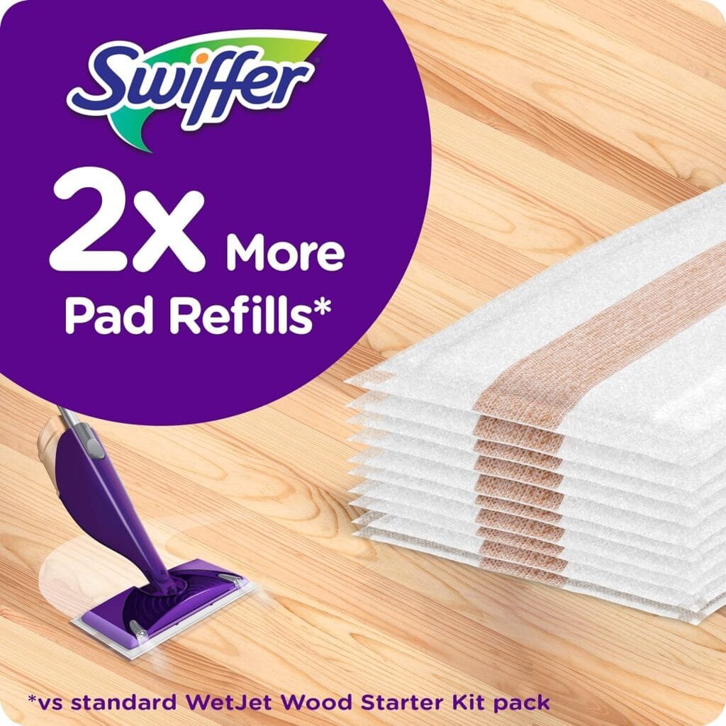 Swiffer WetJet Wood Floor Mopping and Cleaning Starter Kit, All Purpose Floor Cleaning Products, 1 Mop, 10 Pads, Cleaning Solution, Batteries Swiffer WetJet Wood Floor Mopping and Cleaning Starter Kit, All Purpose Floor Cleaning Products, 1 Mop, 10 Pads, Cleaning Solution, Batteries