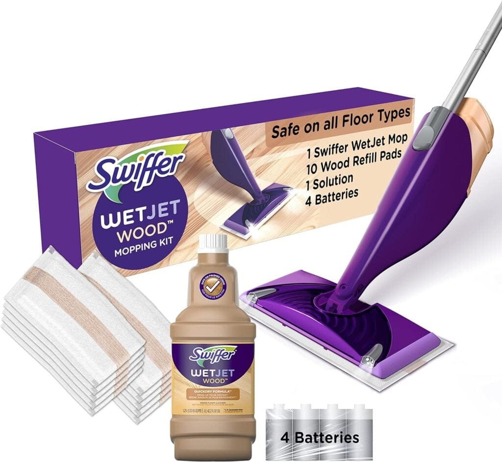 Swiffer WetJet Wood Floor Mopping and Cleaning Starter Kit, All Purpose Floor Cleaning Products, 1 Mop, 10 Pads, Cleaning Solution, Batteries Swiffer WetJet Wood Floor Mopping and Cleaning Starter Kit, All Purpose Floor Cleaning Products, 1 Mop, 10 Pads, Cleaning Solution, Batteries