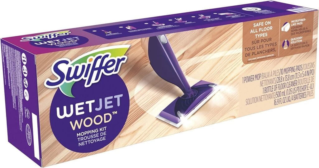 Swiffer WetJet Wood Floor Mopping and Cleaning Starter Kit, All Purpose Floor Cleaning Products, 1 Mop, 10 Pads, Cleaning Solution, Batteries Swiffer WetJet Wood Floor Mopping and Cleaning Starter Kit, All Purpose Floor Cleaning Products, 1 Mop, 10 Pads, Cleaning Solution, Batteries
