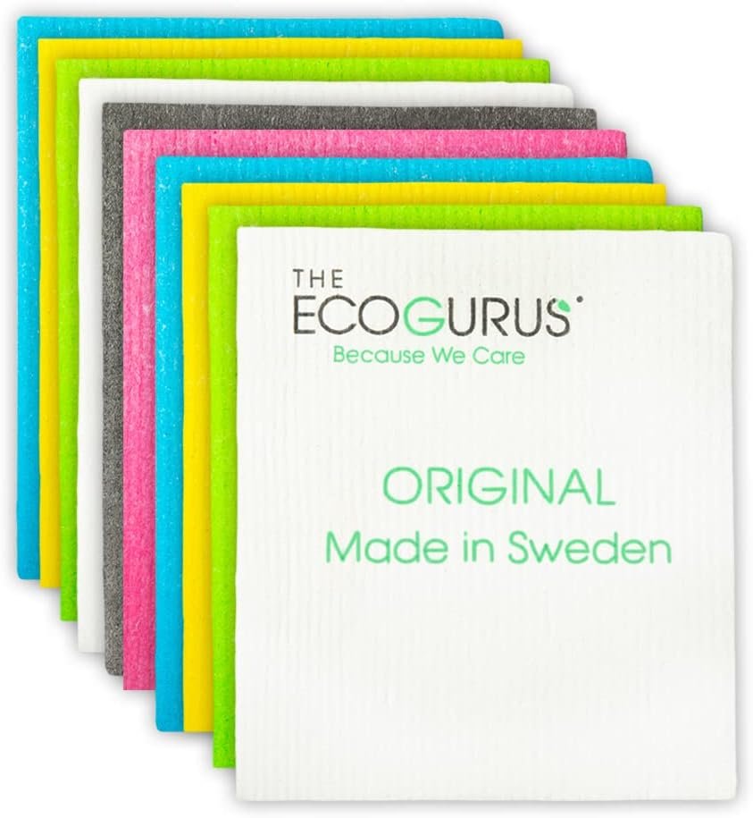 The EcoGurus Premium Swedish Dishcloths for Kitchen (10 x Assorted) Multi-Surface, Cellulose  Cotton, Original Made in Sweden - Eco-Friendly, Reusable, Absorbent, No Odor, Cellulose Sponge Cloths